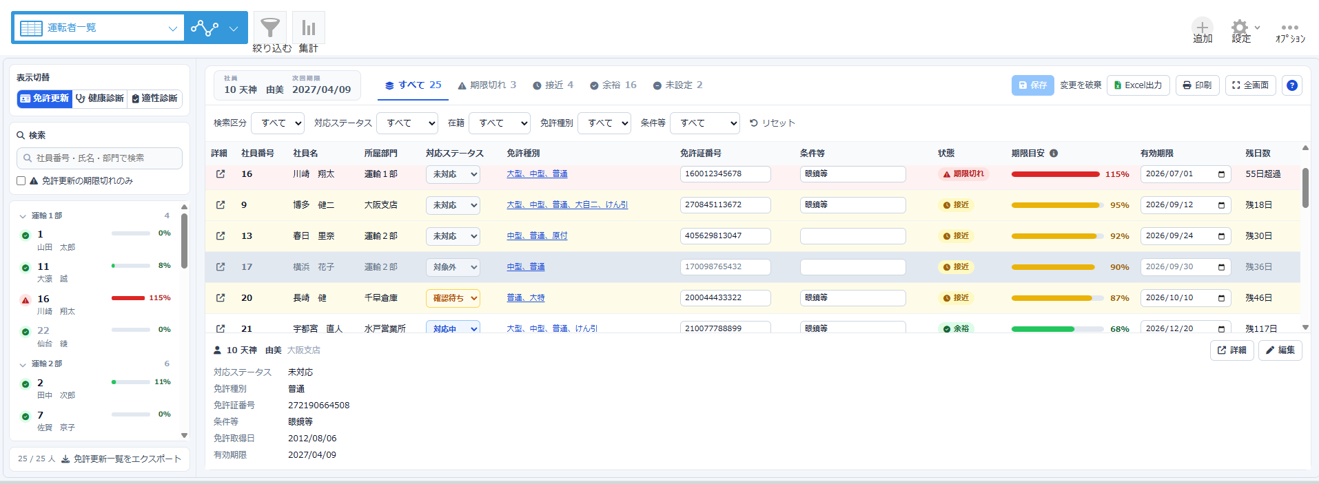 免許更新の期限管理画面